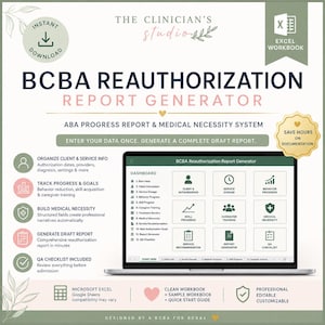 Könnte beinhalten: Eine digitale BCBA-Reautorisierungsbericht-Generator Excel-Arbeitsmappe auf einem Laptop-Bildschirm. Die Benutzeroberfläche zeigt ein Dashboard mit Symbolen für Kundeninformationen, Leistungsdosierung, Verhaltensfortschritt und medizinische Notwendigkeit.