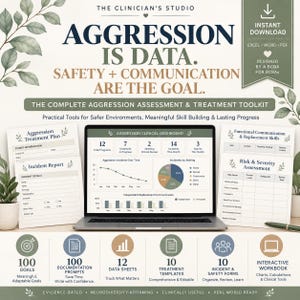 May include: A digital toolkit for clinicians featuring a laptop displaying an aggression clinical dashboard with charts and graphs. Surrounding the laptop are printed forms including an aggression treatment plan, incident report, and risk assessment.