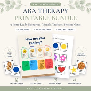 Op de afbeelding: Een ABA-therapie printbaar pakket met een How Are You Feeling-kaart met vier kleurgecodeerde emotionele zones, tacting-kaarten met afbeeldingen zoals een leeuw, pizza en vormen, plus tekstlabels voor visuals, trackers en sessienotities voor therapie.