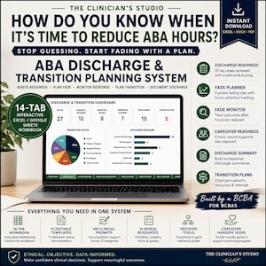 Op de afbeelding: Een digitaal ABA-ontslag- en transitieplanningssysteem weergegeven op een laptopscherm. De afbeelding bevat tekst, grafieken en iconen die een interactief werkboek met 14 tabbladen voor klinische documentatie en planning beschrijven.