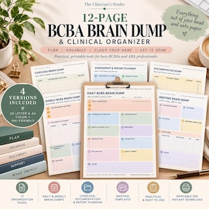 May include: A 12-page BCBA brain dump and clinical organizer set featuring various printable templates like daily, weekly, meeting, and caseload planners. The documents include colorful sections for tasks, priorities, and notes, presented on a wooden clipboard.