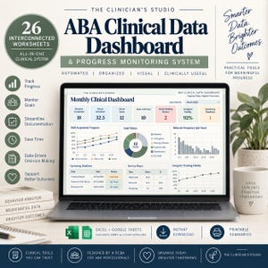 May include: A laptop displaying an ABA Clinical Data Dashboard and Progress Monitoring System with charts, graphs, and tables. The screen shows monthly clinical data, skill acquisition progress, and goal status. Text includes 26 Interconnected Worksheets.