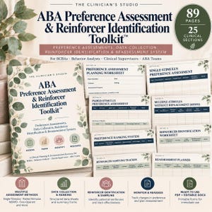 May include: The Clinician's Studio ABA Preference Assessment & Reinforcer Identification Toolkit includes 89 pages and 25 clinical sections. It features a manual and various data collection worksheets for preference assessments, ranking, and reassessment.