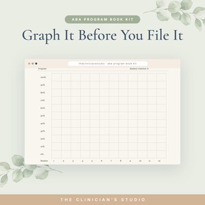 May include: An ABA program book kit template featuring a grid for tracking mastery criterion percentages. The document includes the text 'Graph It Before You File It', 'Program', 'Mastery criterion %', 'Session', and 'thecliniciansstudio - aba program book kit'.
