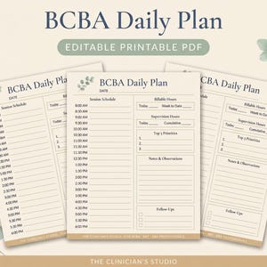 May include: A BCBA Daily Plan editable printable PDF template featuring a session schedule from 8:00 AM to 6:00 PM, sections for billable and supervision hours, top 3 priorities, notes, observations, and follow-ups, decorated with eucalyptus leaves.