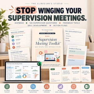 May include: A BCBA Supervision Meeting Toolkit featuring a central manual, various printed meeting agendas, skill development plans, feedback planning sheets, four prompt cards, and a laptop displaying an Excel supervision meeting tracker.