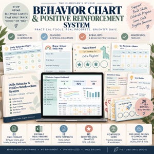 May include: A behavior chart and positive reinforcement system toolkit featuring a laptop displaying a progress dashboard, printed daily behavior charts, token boards, goal builders, and reinforcer menus with text including The Clinician's Studio.