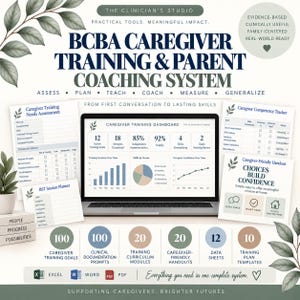 Könnte beinhalten: Ein BCBA-Schulungssystem für Betreuer und Elterncoaching mit einem Laptop, der ein Trainings-Dashboard anzeigt, umgeben von Bewertungsformularen, einem Sitzungsplaner, einem Kompetenz-Tracker und einem Handout Choices Build Confidence.