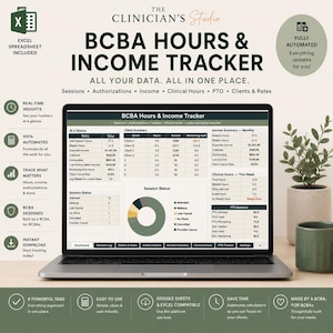 Puede incluir: Una pantalla de portátil que muestra un panel de control de seguimiento de horas e ingresos BCBA. La interfaz incluye tablas de resumen de clientes, ingresos, horas clínicas y un gráfico circular. El texto incluye The Clinician's Studio.