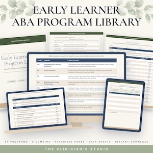 May include: An Early Learner ABA Program Library set featuring digital documents, a computer monitor, and a tablet displaying educational program grids, data sheets, and readiness probes with text headers and tables in dark blue and beige tones.