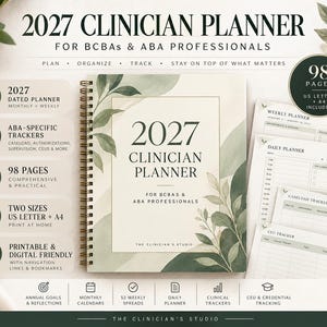 Printbare BCBA-planner 2027 | Organizer voor ABA-therapeuten | Overzicht van cliënten, supervisie en bijscholing | Digitale pdf