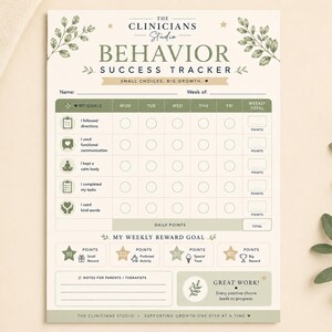 May include: A cream-colored behavior success tracker chart with sage green accents and botanical leaf illustrations. The document features sections for goals, daily points, a weekly reward goal, and notes for parents or therapists.