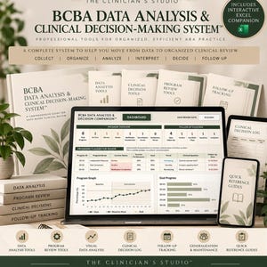 Puede incluir: Un sistema de análisis de datos y toma de decisiones clínicas BCBA que incluye un portátil con un panel de control, guías impresas y tarjetas de referencia para el análisis de datos, revisión de programas, decisiones clínicas y seguimiento.