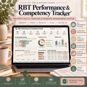 Op de afbeelding: Een laptopscherm met de RBT Performance & Competency Tracker, een Excel-sjabloon voor ABA-personeelsbeheer. Het dashboard bevat grafieken, prestatietrends en competentiestatusmetrieken, met een zijbalk die de verschillende functies opsomt.