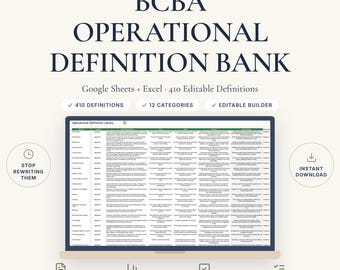 BCBA Operational Definition Bank, 410 Editable ABA Behavior Definitions with Onset Offset and Non-Examples, Google Sheets and Excel