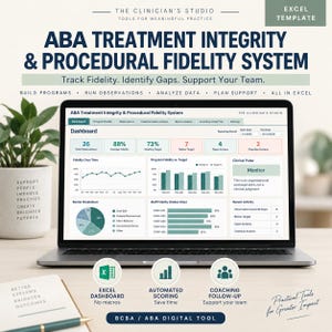 May include: An Excel template for an ABA Treatment Integrity and Procedural Fidelity System displayed on a laptop screen. The dashboard shows data visualizations, including line graphs, bar charts, and a pie chart, with text labels for tracking clinical observations.