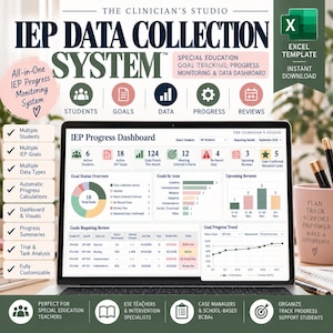 May include: An Excel template for an IEP Data Collection System displayed on a laptop screen. The dashboard features charts, tables, and metrics for tracking student goals, progress monitoring, and data analysis for special education teachers.