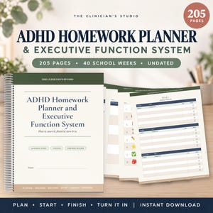 May include: An ADHD homework planner and executive function system with 205 pages, 40 school weeks, and an undated format. The spiral-bound planner features a cream cover with dark green accents, displaying the title and a progress tracker.