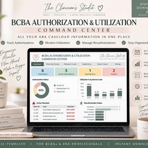 May include: A digital BCBA Authorization and Utilization Command Center Excel template displayed on a laptop screen. The dashboard features client totals, authorization status charts, service code utilization graphs, and reauthorization tracking tables.
