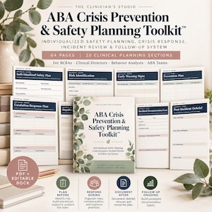 May include: The ABA Crisis Prevention & Safety Planning Toolkit is a 64-page clinical resource featuring 20 planning sections. It includes forms for risk identification, safety plans, incident documentation, and post-incident debriefing.