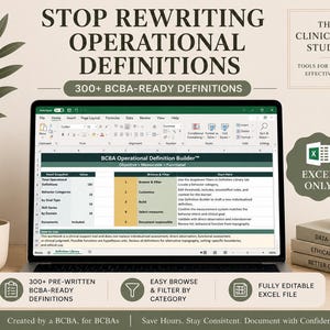Op de afbeelding: Een laptopscherm toont de Excel-werkmap BCBA Operational Definition Builder. De interface heeft een groen en wit kleurenschema met tekst waaronder STOP REWRITING OPERATIONAL DEFINITIONS en 300+ BCBA-READY DEFINITIONS.