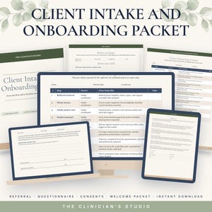 May include: A digital client intake and onboarding packet featuring multiple document templates displayed on screens. The pages include tables for referral tracking, client information forms, and welcome text, all organized with a professional layout.
