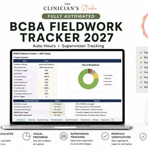 May include: A digital BCBA Fieldwork Tracker 2027 spreadsheet displayed on a laptop screen, featuring automated hour and supervision tracking, visual progress dashboards, and monthly reports compatible with Excel and Google Sheets.
