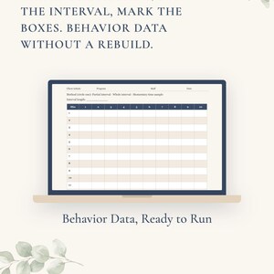 May include: A digital behavior data collection form displayed on a laptop screen. The form includes fields for client initials, program, staff, date, method, and interval length, with a grid for tracking ten intervals over eleven minutes.