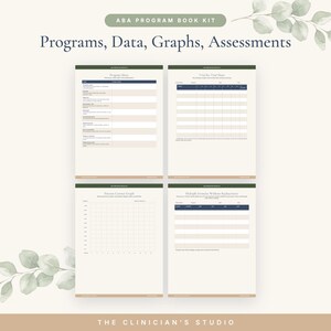 May include: An ABA Program Book Kit featuring four printed sheets with the text Programs, Data, Graphs, Assessments. The pages include a Program Sheet, Trial-by-Trial Sheet, Percent Correct Graph, and Multiple Stimulus Without Replacement form.
