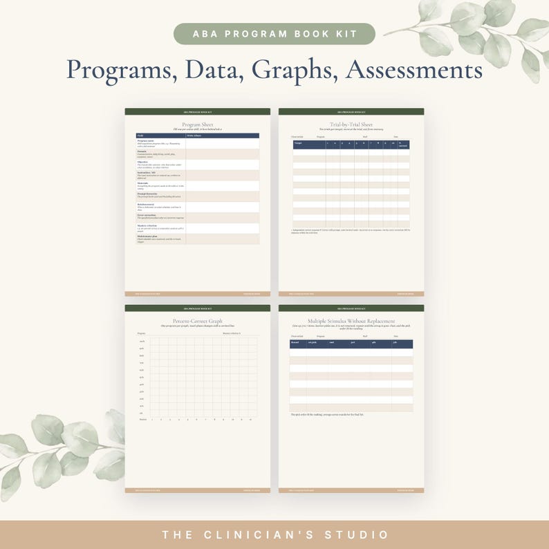 May include: An ABA Program Book Kit featuring four printed sheets with the text Programs, Data, Graphs, Assessments. The pages include a Program Sheet, Trial-by-Trial Sheet, Percent Correct Graph, and Multiple Stimulus Without Replacement form.