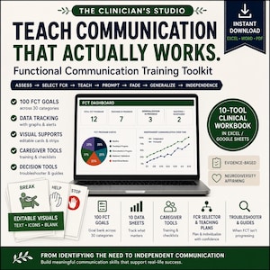 May include: A Functional Communication Training Toolkit digital resource featuring a laptop displaying an FCT dashboard with charts, 100 FCT goals, data tracking, visual supports, caregiver tools, and a 10-tool clinical workbook in Excel and Google Sheets.
