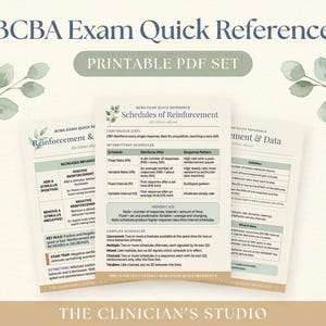 Puede incluir: Un conjunto de PDF imprimibles titulado BCBA Exam Quick Reference que presenta tablas educativas sobre programas de refuerzo y datos. Los documentos contienen texto en azul oscuro y verde salvia sobre un fondo crema.