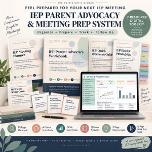 Könnte beinhalten: Ein digitales IEP Parent Advocacy and Meeting Prep System Toolkit mit Arbeitsbuch, Planer, Referenzhandbuch, Binder-Druckvorlagen und Skriptkarten. Ein Laptop zeigt ein Dashboard zur Verfolgung von IEP-Zielen und Fortschritten.