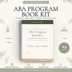 May include: An ABA Program Book Kit spiral-bound notebook with a white cover, dark green header, and tan footer. The cover features the text ABA Program Book Kit, The Clinician's Studio, and sections for program templates, data sheets, and preference forms.