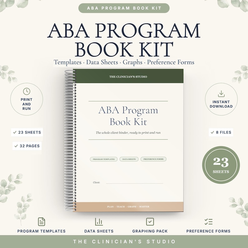 May include: An ABA Program Book Kit spiral-bound notebook with a white cover, dark green header, and tan footer. The cover features the text ABA Program Book Kit, The Clinician's Studio, and sections for program templates, data sheets, and preference forms.