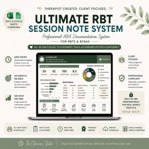 May include: A digital dashboard for an Ultimate RBT Session Note System displayed on a laptop screen. The interface features data charts, session logs, and quick access tools for ABA documentation, compatible with Excel and Google Sheets.