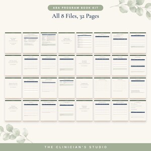 May include: An ABA Program Book Kit consisting of 32 pages across 8 files. The document set features various data collection sheets, program templates, and tracking forms with dark blue headers and text on a light cream background.