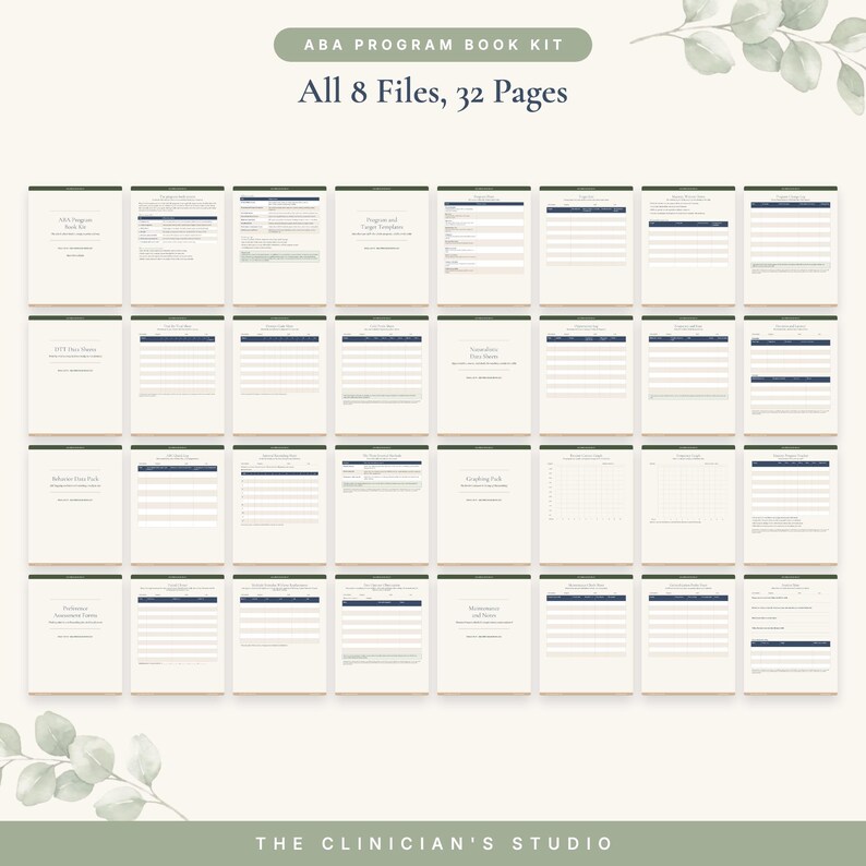 May include: An ABA Program Book Kit consisting of 32 pages across 8 files. The document set features various data collection sheets, program templates, and tracking forms with dark blue headers and text on a light cream background.