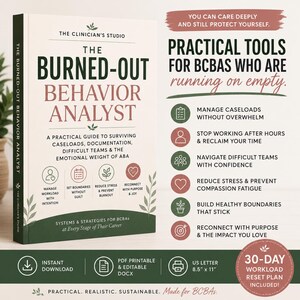 Puede incluir: Un libro titulado The Burned-Out Behavior Analyst con portada color crema, texto en verde oscuro y rosa empolvado, y detalles botánicos. Incluye herramientas prácticas para BCBA, un plan de reinicio de 30 días y un formato PDF de 21,59x27,94 cm.