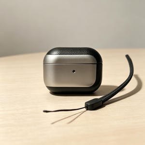 Könnte beinhalten: Eine schwarze Schutzhülle aus strukturiertem Leder für kabellose Ohrhörer mit einer glatten, silberfarbenen Metallblende in der Mitte, einer kleinen runden Kontrollleuchte und einer dünnen, schwarzen geflochtenen Handschlaufe an der Seite.