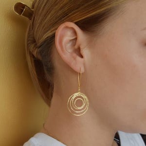 Long Gold Plated Silver Dangle Earrings, Circle Statement Jewelry