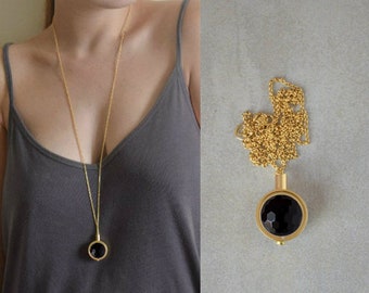 long gold pendant necklace, Onyx jewelry, Gift for her