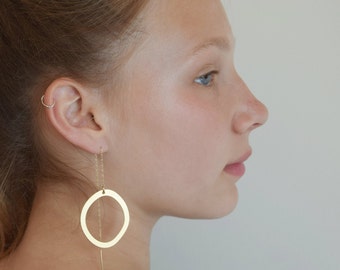 Long gold statement earrings, Threader earrings, Circle threader earrings, Statement earrings, Modern earrings, Gold chain earrings