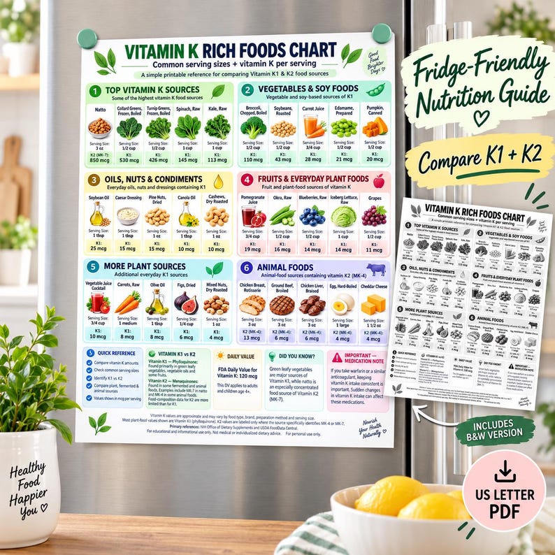 Vitamin K Rich Foods Chart Printable K1 & K2 Food List With Serving