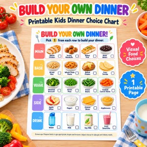 May include: A printable kids dinner choice chart titled Build Your Own Dinner with colourful rows for main, base, veggie, side, and drink categories. Each row features four food illustrations with checkboxes for selecting meal options for children.