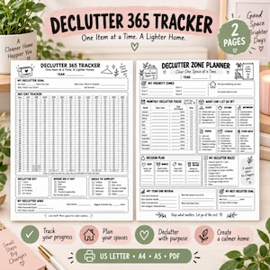 May include: A two-page Declutter 365 Tracker and Declutter Zone Planner printable set. The black and white forms feature sections for goals, a 365-day tracking grid, monthly focus areas, decision plans, declutter rules, and year-end review prompts.