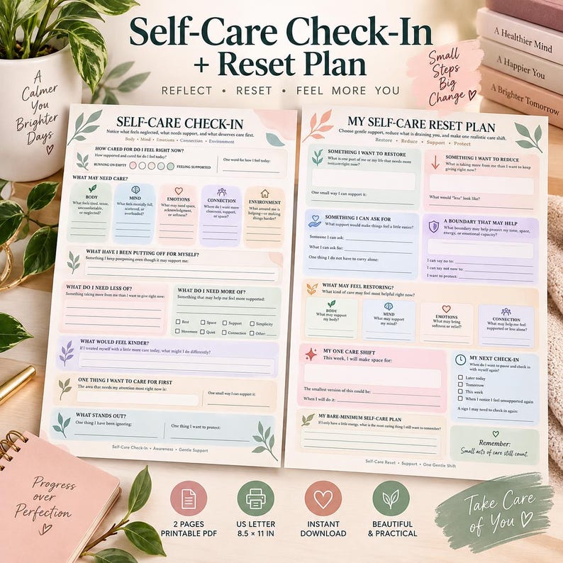 Self Care Check-in Worksheet Reset Plan Printable for Adults and Teens ...