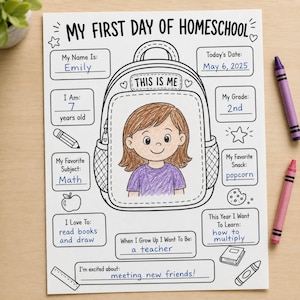 May include: A white paper sheet titled My First Day of Homeschool with black line art of a backpack and a colored illustration of a child. The form includes fields for name, date, grade, and interests, filled in with blue ink and colored pencils.