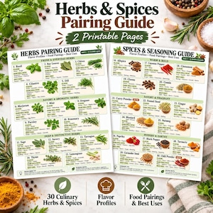 Pode incluir: Duas páginas imprimíveis intituladas Herbs & Spices Pairing Guide, apresentando uma grade de 30 ervas e especiarias culinárias. Cada entrada inclui perfis de sabor, combinações de alimentos e usos, organizados em categorias como ervas frescas.