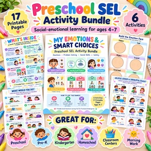 May include: A preschool social-emotional learning activity bundle featuring 17 printable pages and 6 activities. The colourful sheets include emotion face puzzles, problem-solving scenarios, and safety guides with illustrations for children aged 4-7.